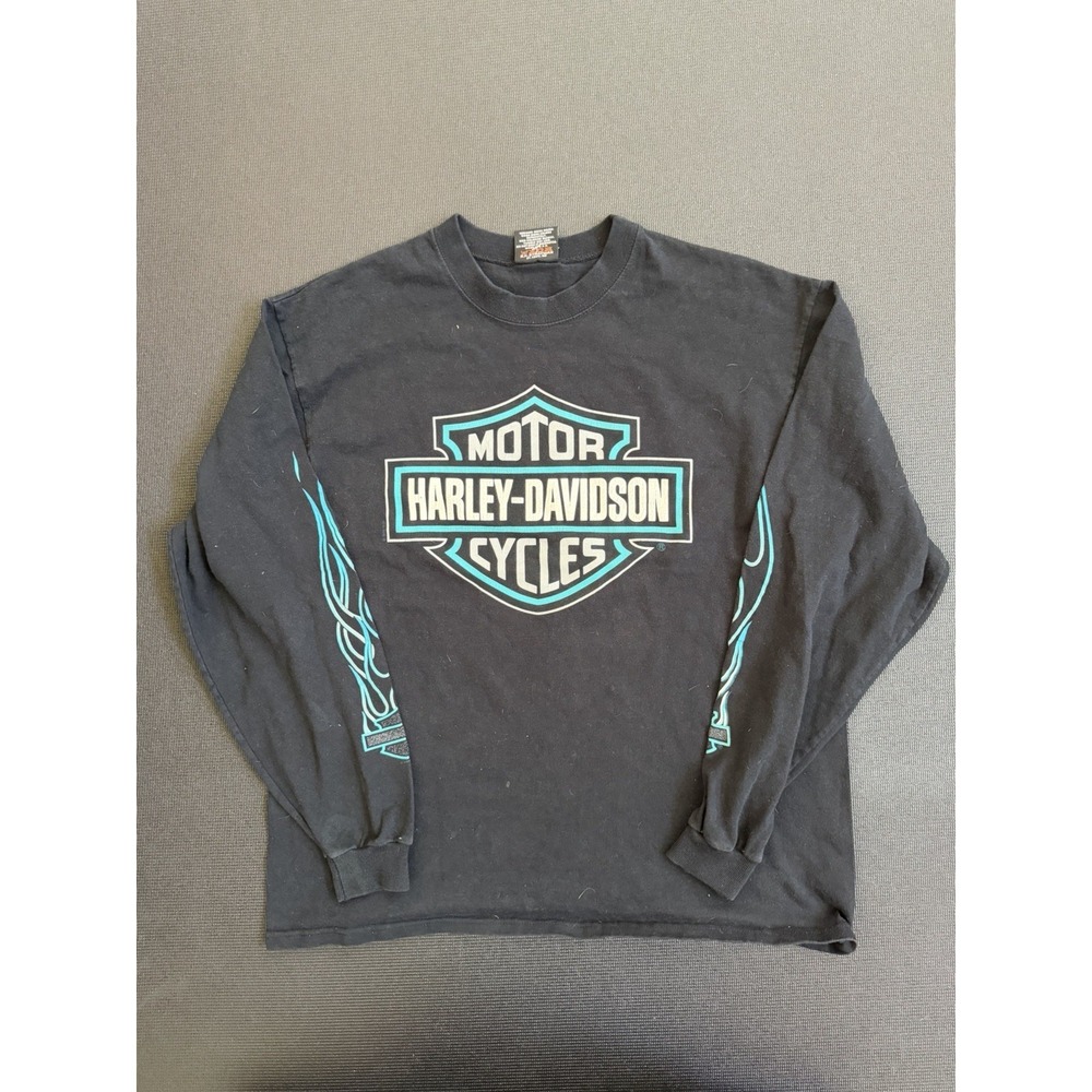 Vintage 90s Harley Davidson Blue Flame Long Sleeve T-Shirt Size L